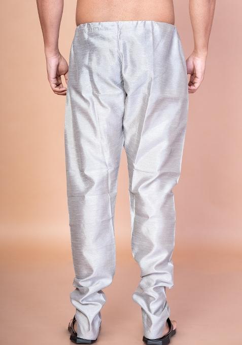 Grey Solid Banarasi Silk Churidar For Men