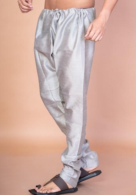 Grey Solid Banarasi Silk Churidar For Men