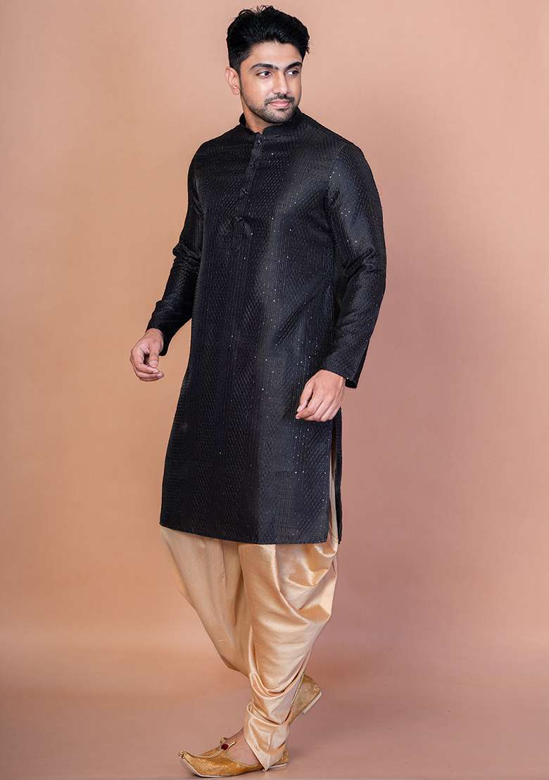 Black Embroidery Bangalorian Silk Kurta Patiala Set For Men - Indya
