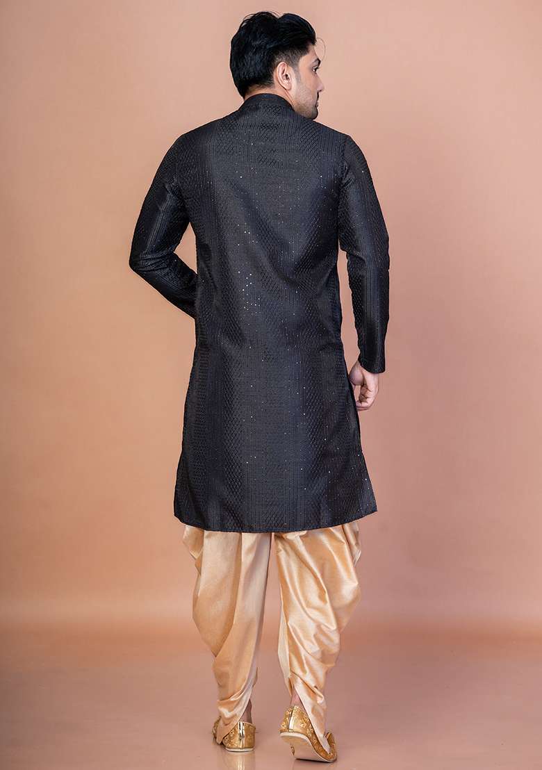 Black Embroidery Bangalorian Silk Kurta Patiala Set For Men - Indya