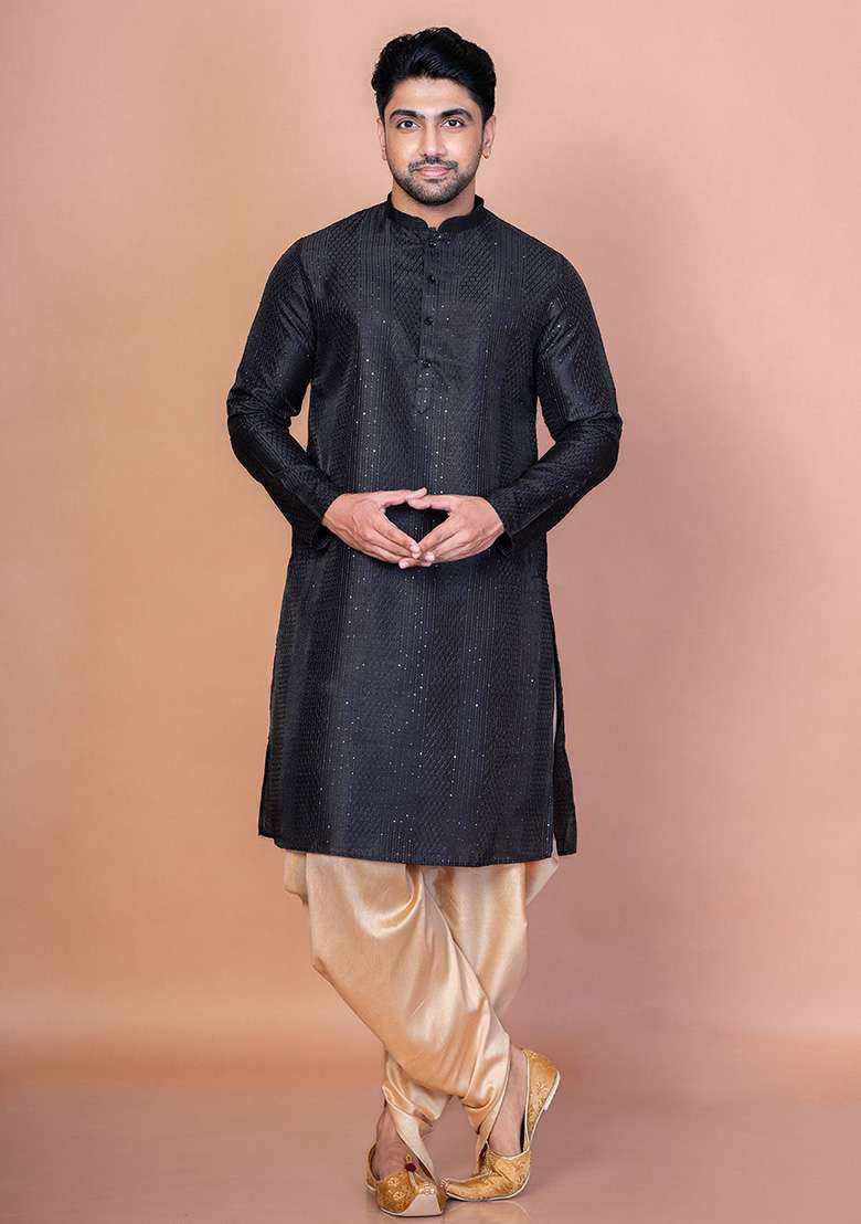Black Embroidery Bangalorian Silk Kurta Patiala Set For Men - Indya
