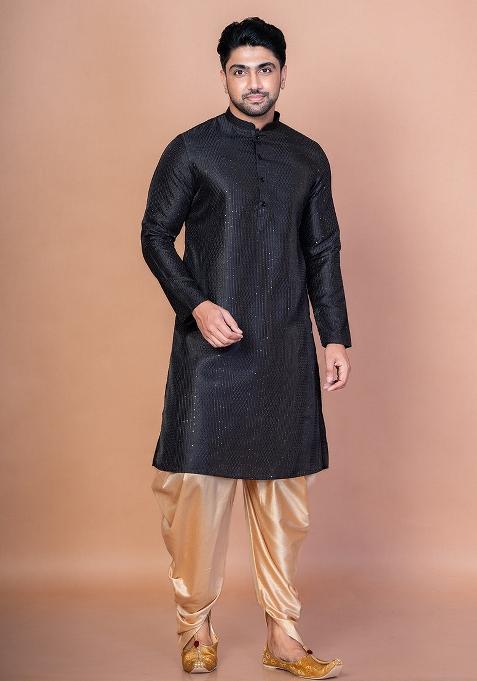 Black Embroidery Bangalorian Silk Kurta Patiala Set For Men — view on Indya