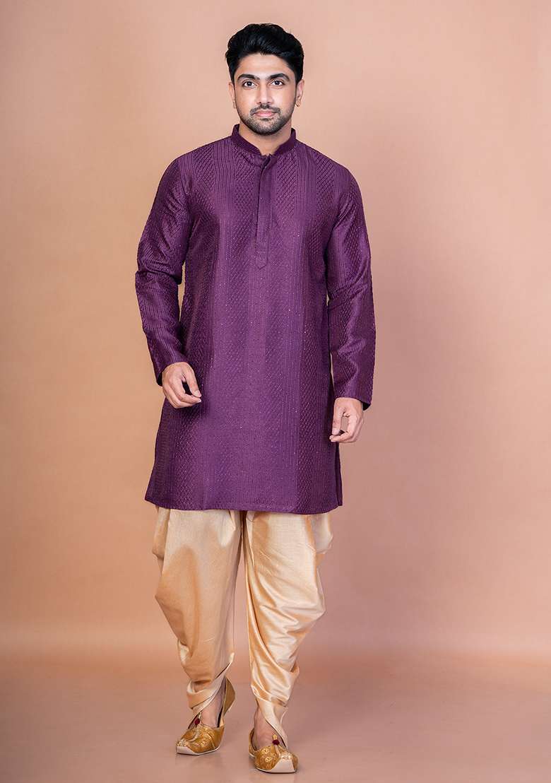 Purple Embroidery Bangalorian Silk Kurta Patiala Set For Men - Indya