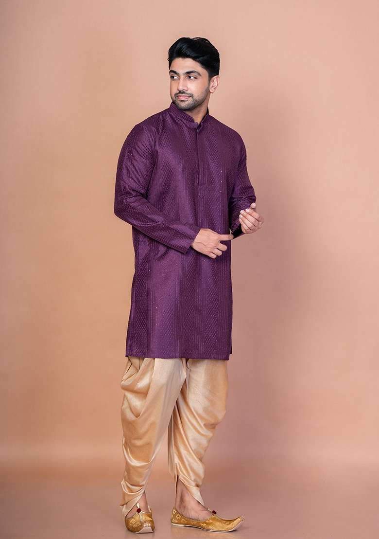 Purple Embroidery Bangalorian Silk Kurta Patiala Set For Men - Indya