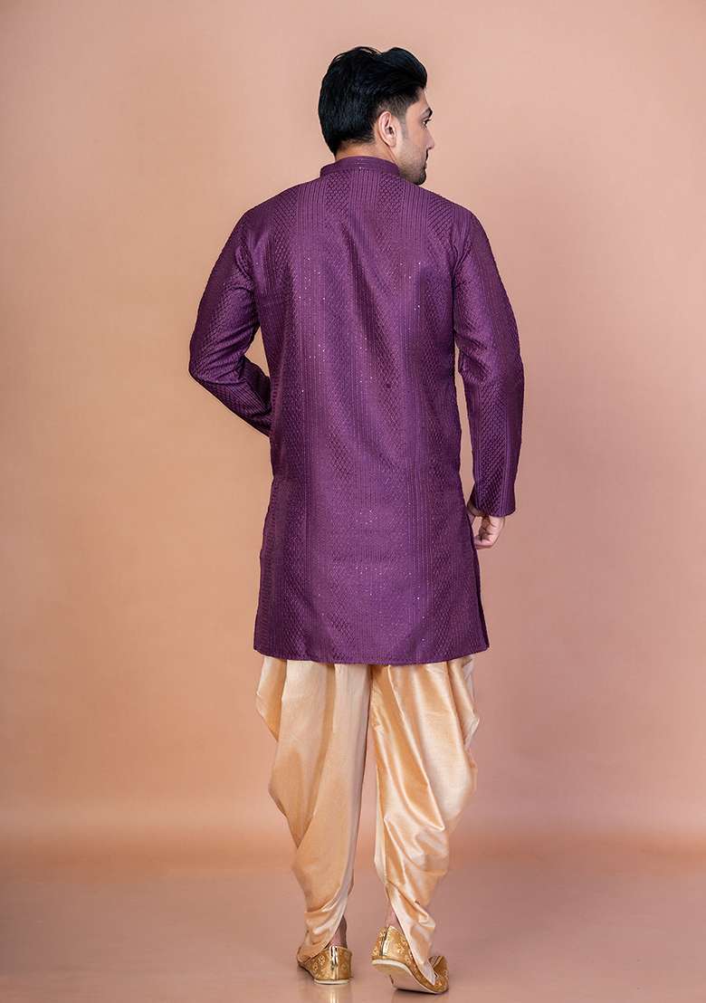 Purple Embroidery Bangalorian Silk Kurta Patiala Set For Men - Indya