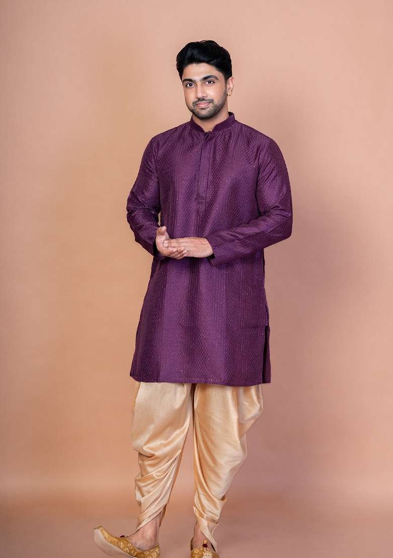 Purple Embroidery Bangalorian Silk Kurta Patiala Set For Men - Indya