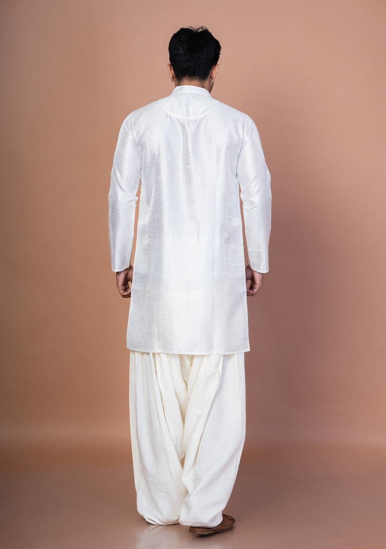 White Embroidery Bangalorian Silk Kurta Patiala Set For Men