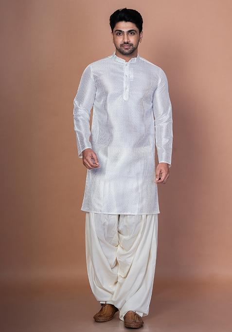 White Embroidery Bangalorian Silk Kurta Patiala Set For Men