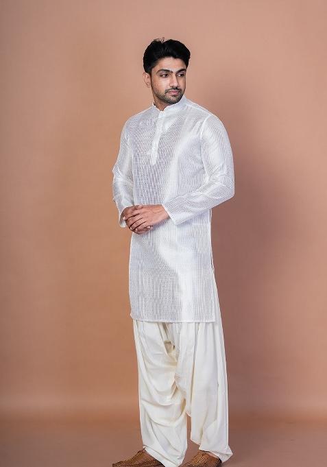 White Embroidery Bangalorian Silk Kurta Patiala Set For Men