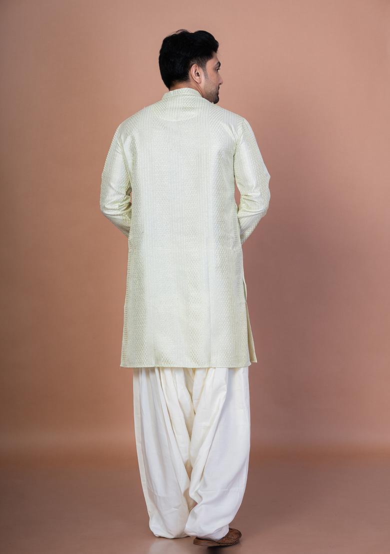 Green Embroidery Bangalorian Silk Kurta Patiala Set For Men
