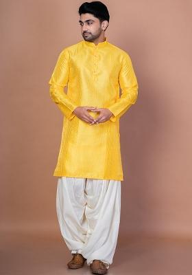 Golden Embroidery Bangalorian Silk Kurta Patiala Set For Men