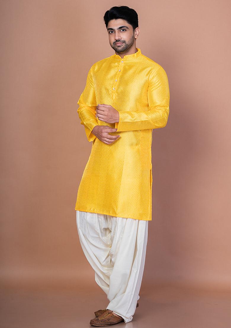 Golden Embroidery Bangalorian Silk Kurta Patiala Set For Men