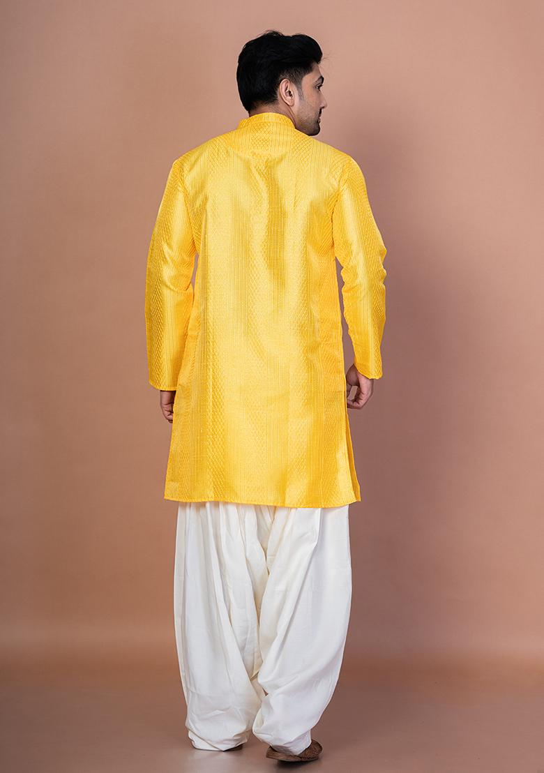 Golden Embroidery Bangalorian Silk Kurta Patiala Set For Men