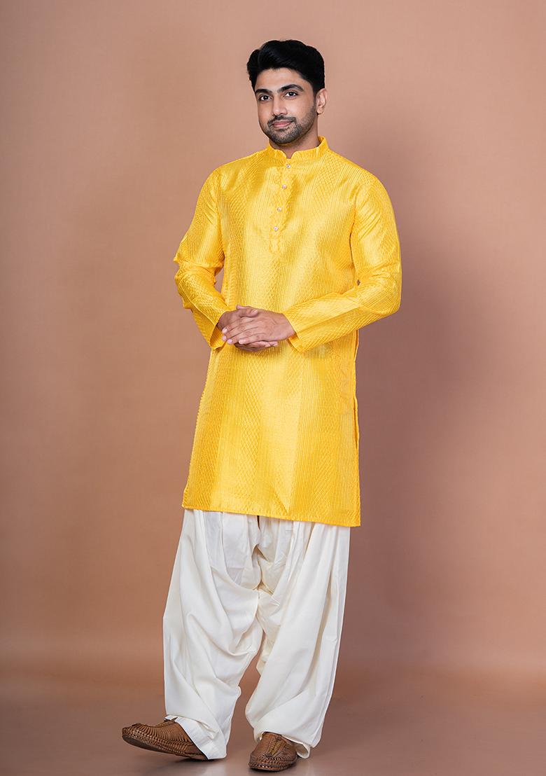 Golden Embroidery Bangalorian Silk Kurta Patiala Set For Men