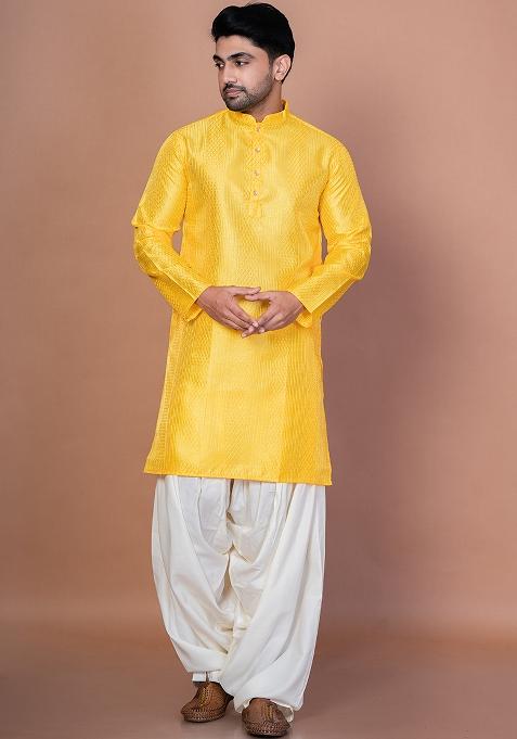 Golden Embroidery Bangalorian Silk Kurta Patiala Set For Men