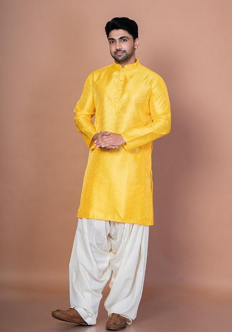 Golden Embroidery Bangalorian Silk Kurta Patiala Set For Men