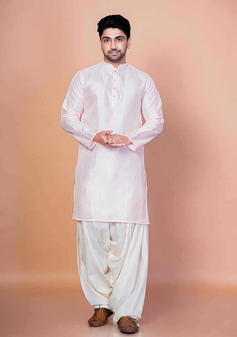 Peach Embroidery Bangalorian Silk Kurta Patiala Set For Men