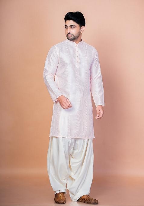 Peach Embroidery Bangalorian Silk Kurta Patiala Set For Men