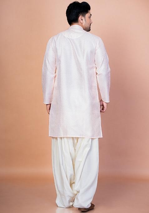 Peach Embroidery Bangalorian Silk Kurta Patiala Set For Men