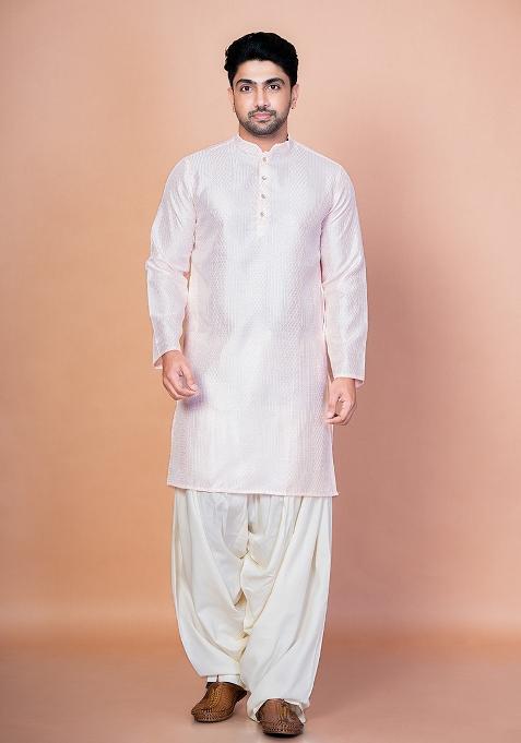 Peach Embroidery Bangalorian Silk Kurta Patiala Set For Men