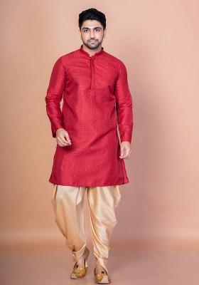 Red Embroidery Bangalorian Silk Kurta Dhoti Set For Men