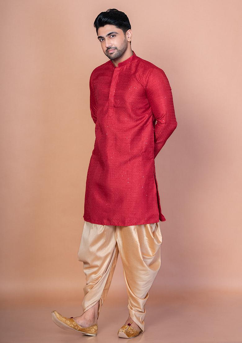 Red Embroidery Bangalorian Silk Kurta Dhoti Set For Men