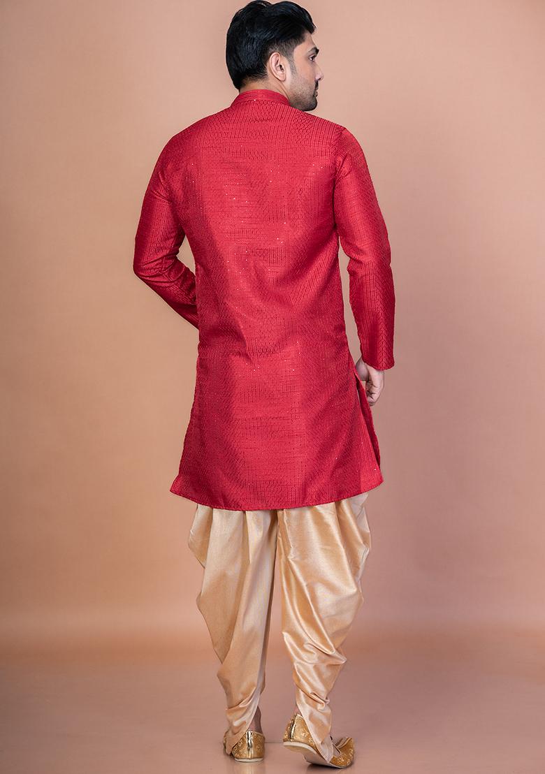 Red Embroidery Bangalorian Silk Kurta Dhoti Set For Men