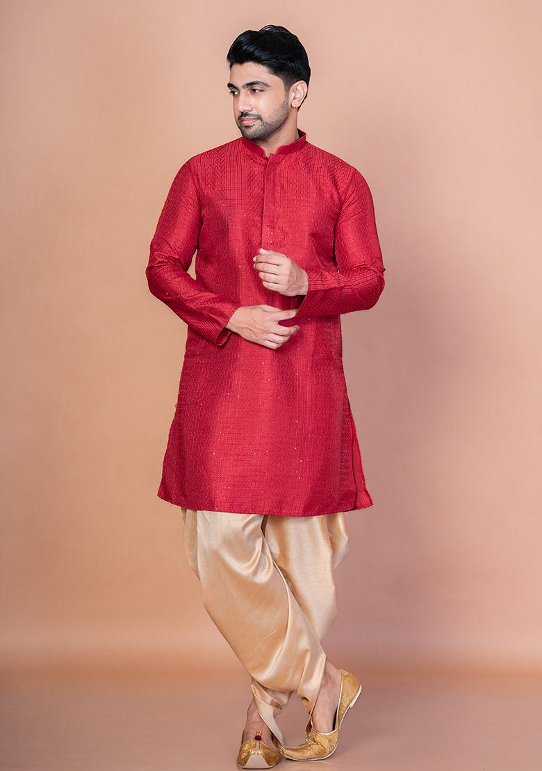 Red Embroidery Bangalorian Silk Kurta Dhoti Set For Men