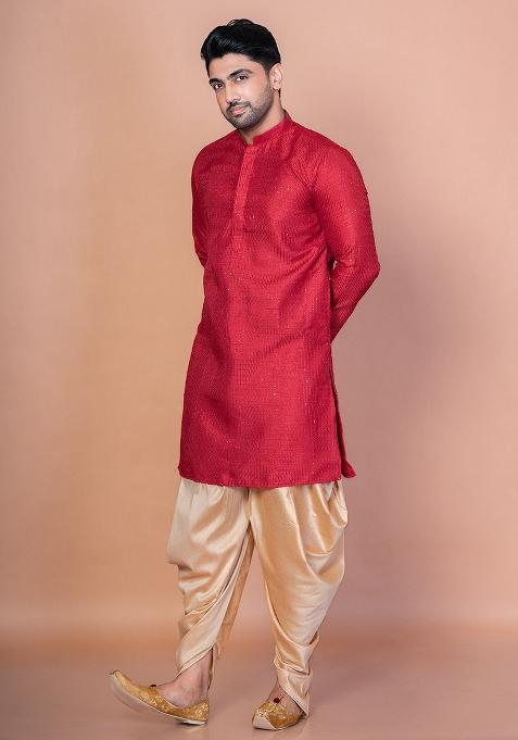 Red Embroidery Bangalorian Silk Kurta Dhoti Set For Men