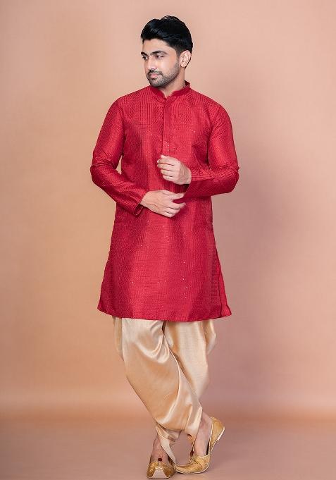 Red Embroidery Bangalorian Silk Kurta Dhoti Set For Men