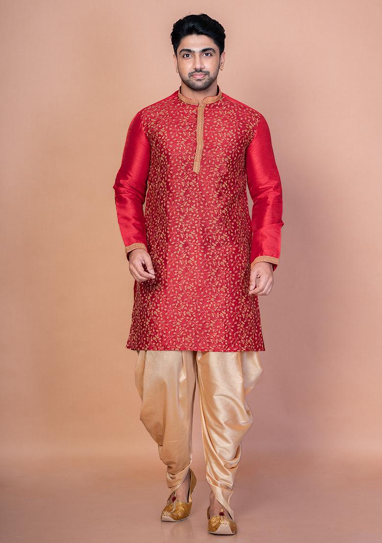 Red Printed Banarasi Silk Kurta Churidar Set For Men