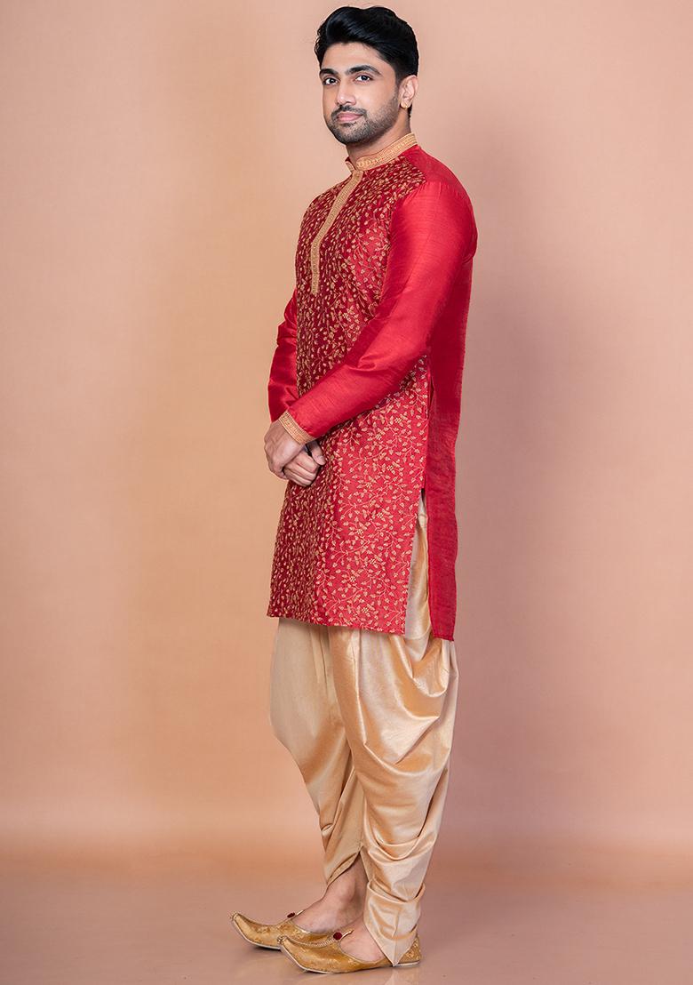 Red Printed Banarasi Silk Kurta Churidar Set For Men