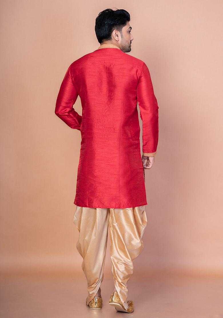 Red Printed Banarasi Silk Kurta Churidar Set For Men