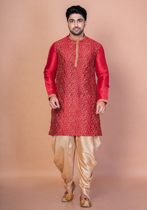 Red Printed Banarasi Silk Kurta Churidar Set For Men