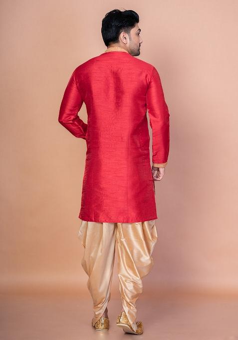 Red Printed Banarasi Silk Kurta Churidar Set For Men