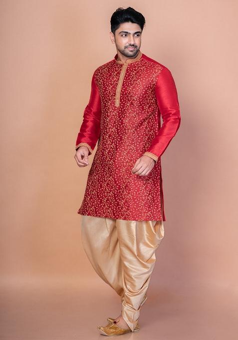 Red Printed Banarasi Silk Kurta Churidar Set For Men