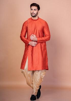 Orange Printed Banarasi Silk Kurta Churidar Set For Men