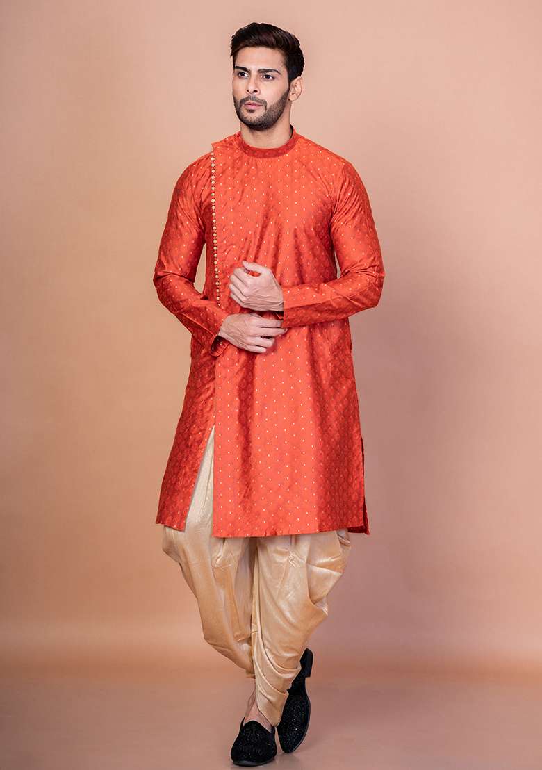Orange Printed Banarasi Silk Kurta Churidar Set For Men - Indya