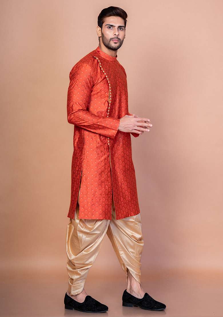 Orange Printed Banarasi Silk Kurta Churidar Set For Men - Indya