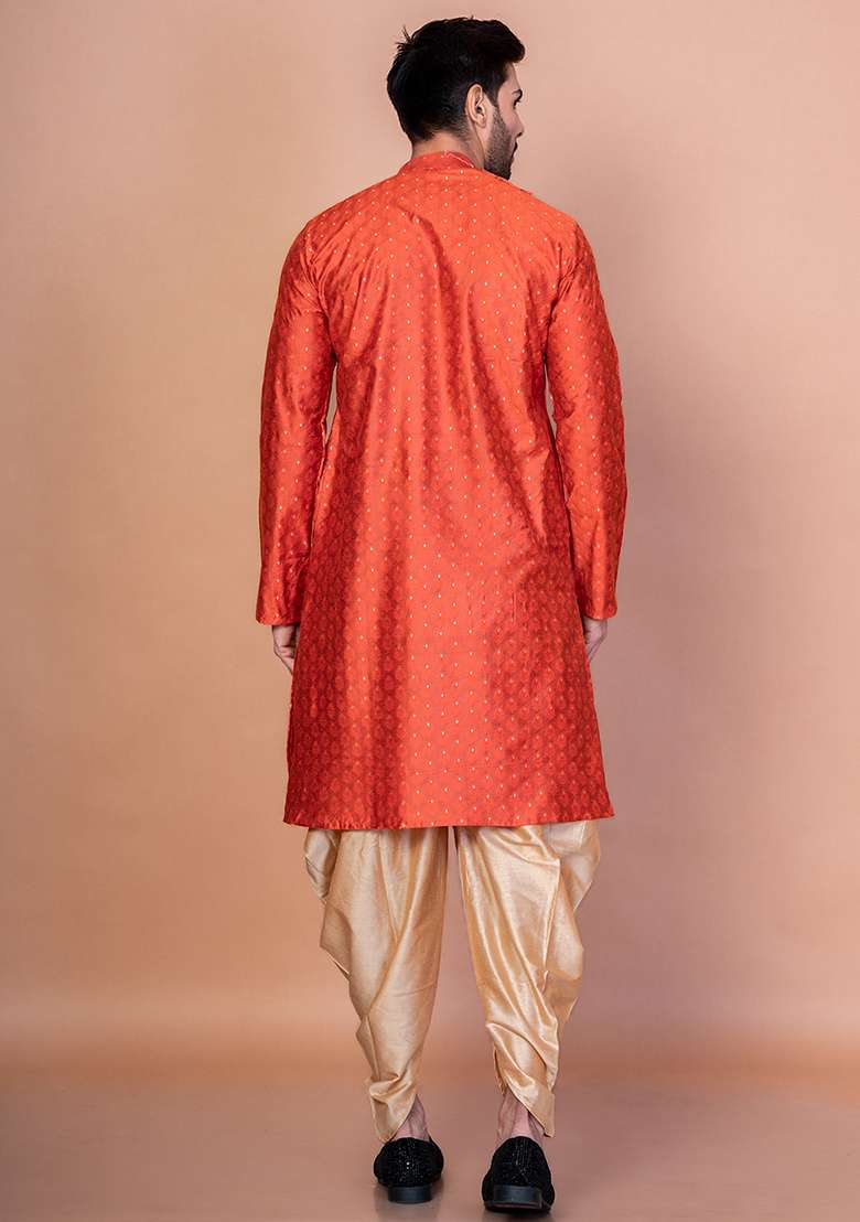 Orange Printed Banarasi Silk Kurta Churidar Set For Men - Indya