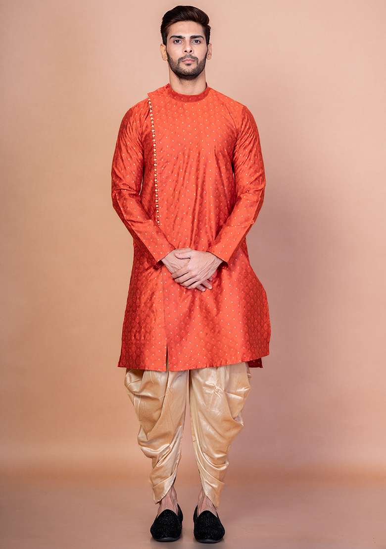 Orange Printed Banarasi Silk Kurta Churidar Set For Men - Indya