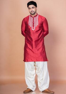 Red Embellished Cotton Blend Kurta Patiala Set For Men