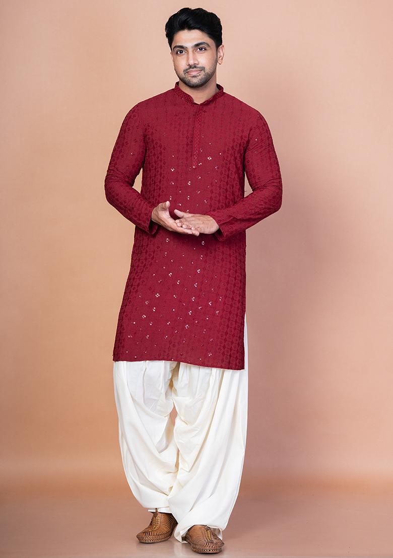 Red Embroidery Cotton Blend Kurta Patiala Set For Men