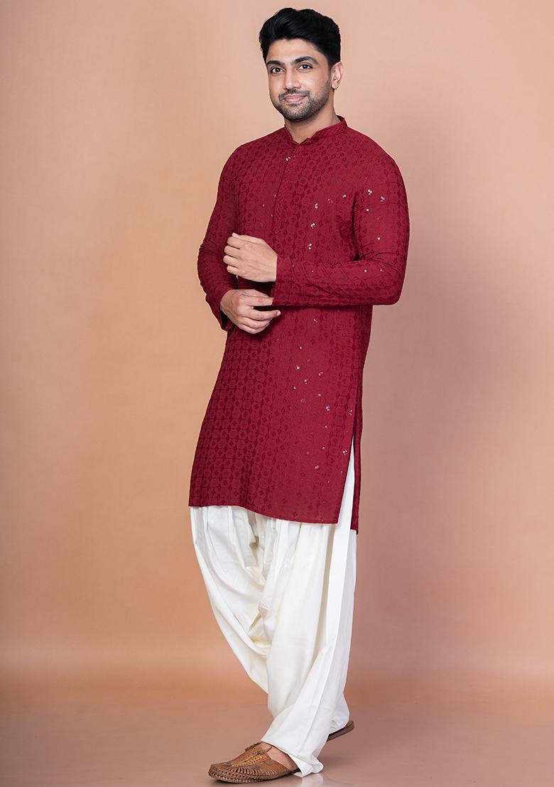 Red Embroidery Cotton Blend Kurta Patiala Set For Men