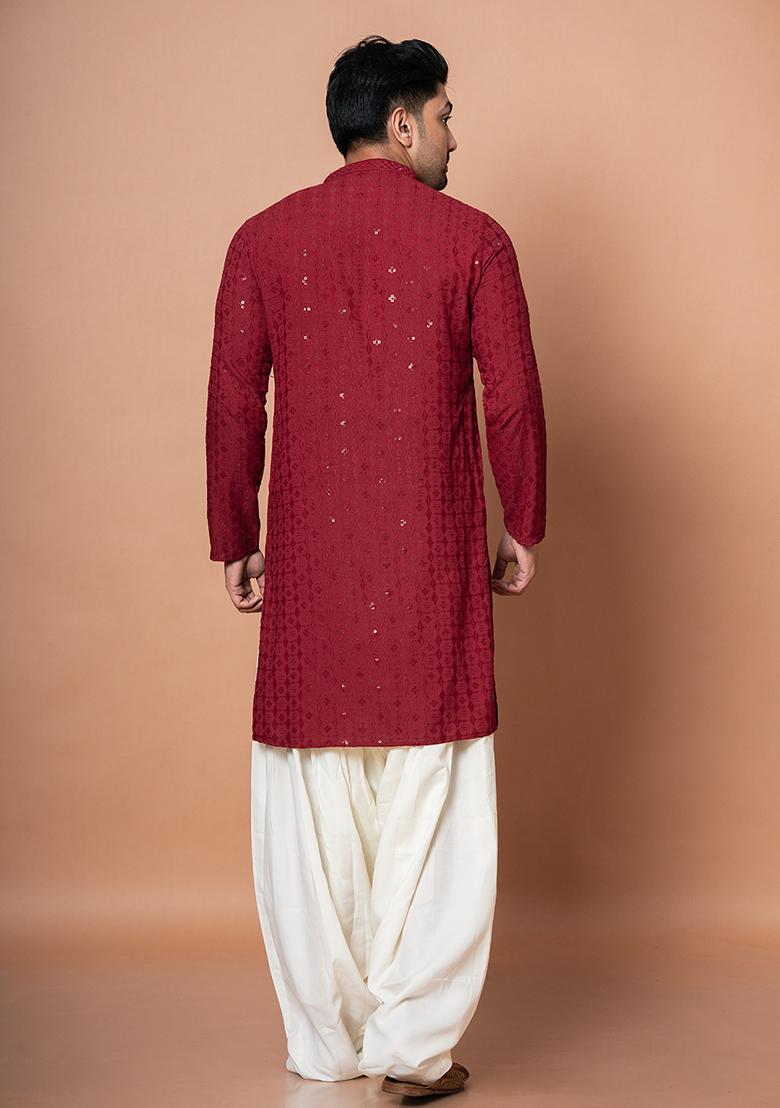 Red Embroidery Cotton Blend Kurta Patiala Set For Men