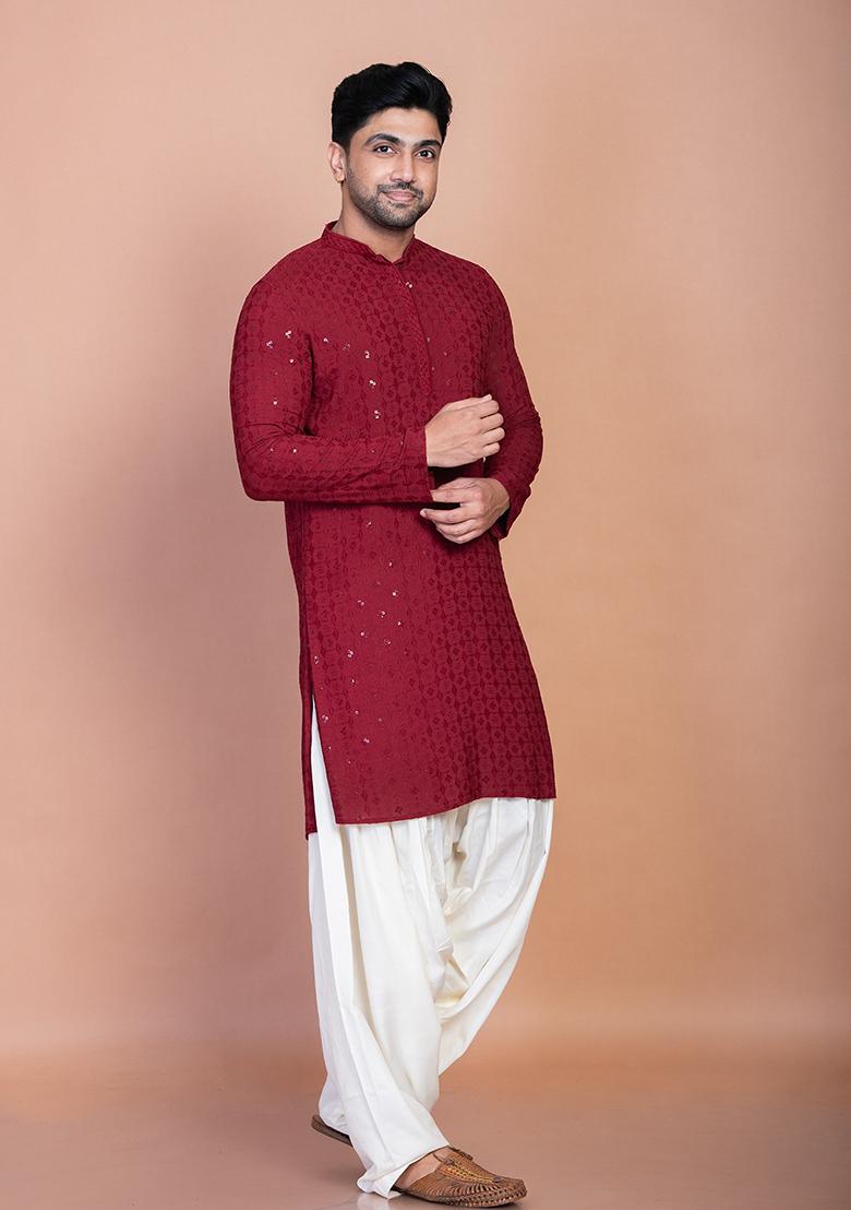 Red Embroidery Cotton Blend Kurta Patiala Set For Men