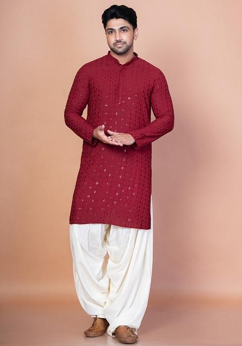 Red Embroidery Cotton Blend Kurta Patiala Set For Men
