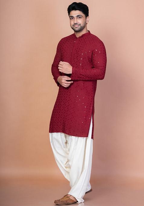 Red Embroidery Cotton Blend Kurta Patiala Set For Men