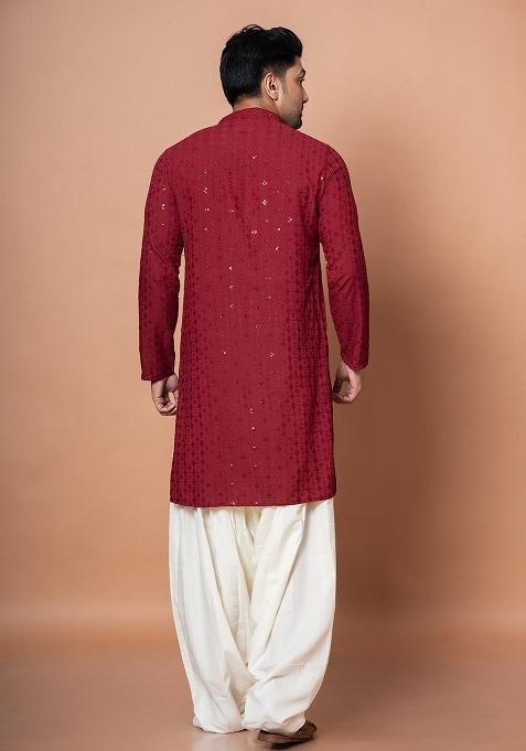 Red Embroidery Cotton Blend Kurta Patiala Set For Men