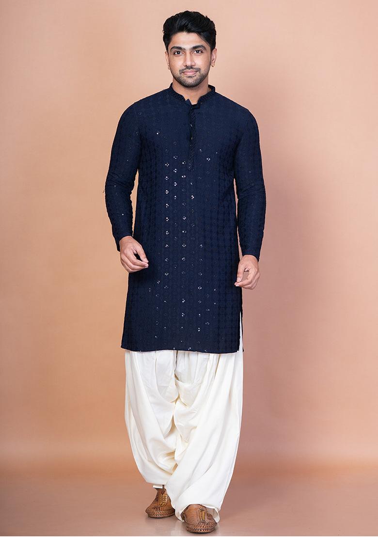 Navy Blue Embroidery Cotton Blend Kurta Patiala Set For Men